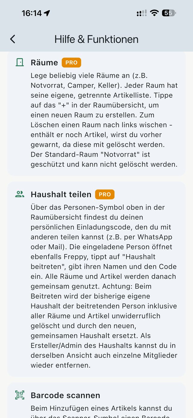 Hilfe & Funktionen Seite
